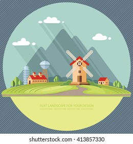Rural landscape. Agricultural industry, Agriculture mountains in the background. Flat design style vector illustration.