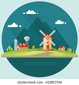 Rural landscape. Agricultural industry, Agriculture mountains in the background. Flat design style vector illustration.
