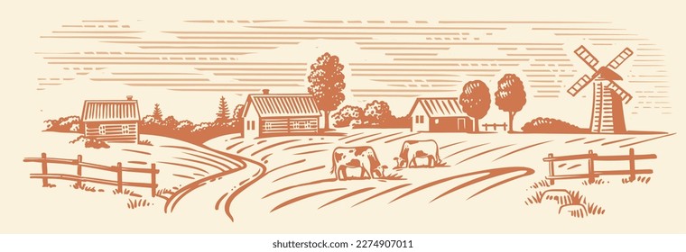 Rural landscape, agriculture farm vector. Cows