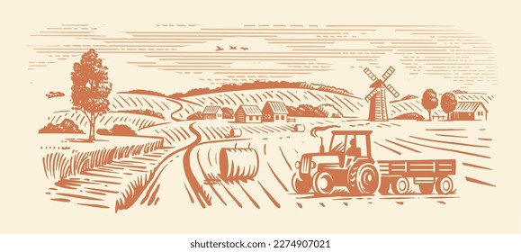 Rural landscape, agriculture farm vector. Harvesting tractor