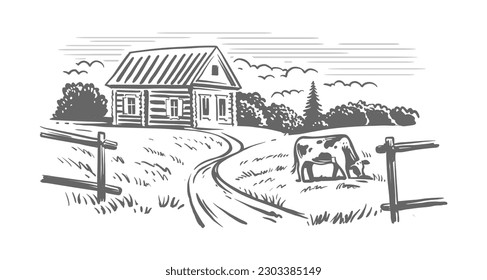 Rural landscape, agriculture farm vector. Cow