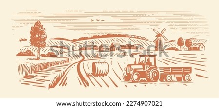 Rural landscape, agriculture farm vector. Harvesting tractor