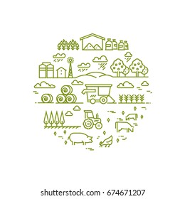 Rural landscape and agriculture farming thin line icons. Farm round badge with chicken and agriculture illustration