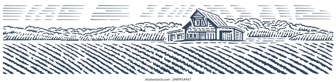 Rural landscape with agriculture fields and farm building. Vector illustration.