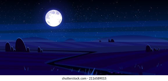 Rural landscape with agriculture fields at night. Vector cartoon illustration of countryside, farmland with trees silhouettes, road, full moon and stars in sky