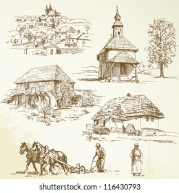 rural landscape, agriculture - hand drawn collection