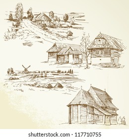 rural landscape, agriculture - hand drawn collection