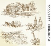 rural landscape, agriculture, old watermill - hand drawn collection