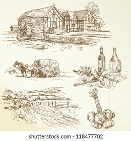 rural landscape, agriculture, old watermill - hand drawn collection