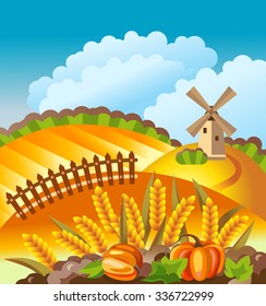 Rural landscape. Autumn countryside with windmill, wheat ears, pumpkins, fence.