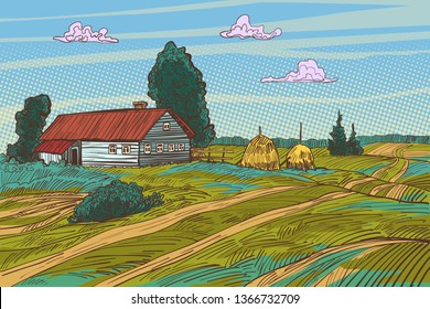 rural landscape autumn field village houses. Pop art retro vector illustration vintage kitsch 50s 60s
