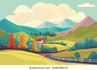 A rural landscape background of fields, farm land and trees with a cottage or house. A road winding into the distant rolling hills toward the mountains.