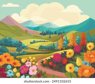 A rural landscape background of fields, farm land and trees. Flowers in the foreground and a path winding into the distant rolling hills towards the mountains.