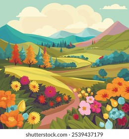 A rural landscape background of fields, farm land and trees. Flowers in the foreground and a path winding into the distant rolling hills towards the mountains.