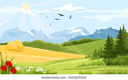 Fondo de paisaje rural. Colinas, prados, bosques y montañas. Hermoso panorama natural y paisaje en el día soleado. Campo y pueblo rural. Ilustración vectorial plana