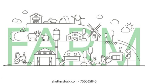 Rural landscape background in Linear Style. Agricultural Land.