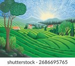 A rural landscape background of rolling hills and mountains. Fields, farm land and trees with cottages or farmers houses.