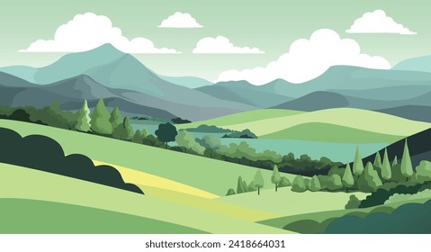 A rural landscape background of rolling hills and mountains. Fields, farm land and trees. 