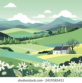 A rural landscape background of rolling hills and mountains. Fields, farm land and trees with a cottage or farmers house. Flowers in the foreground.