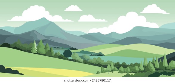 A rural landscape background of rolling hills and mountains. Fields, farm land and trees. 