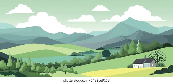 A rural landscape background of rolling hills and mountains. Fields, farm land and trees with a cottage or farmers house. 