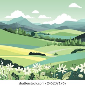Un paisaje rural de fondo de colinas y montañas ondulantes. Campos, tierras agrícolas y árboles. Flores en primer plano.