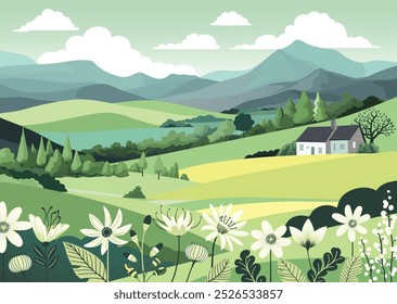 A rural landscape background of rolling hills and mountains. Fields, farm land and trees with a cottage or farmers house. Flowers in the foreground.