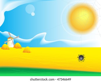 Rural landscape a background with a web, a mill and clouds in a vector