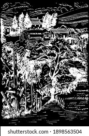 Rural landscape.  Bakery shop, organic agricultural production, ecological food. Vector hand drawn vintage engraved sketch