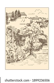 Rural landscape.  Bakery shop, organic agricultural production, ecological food. Vector hand drawn vintage engraved sketch