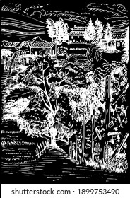 Rural landscape.  Bakery shop, organic agricultural production, ecological food. Vector hand drawn vintage engraved sketch