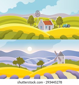 Rural landscape banner set  with flat countryside elements isolated vector illustration