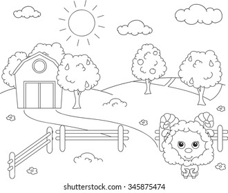 Rural landscape with barn, corral, fields and fruit trees and sheep. Coloring book. Vector illustration