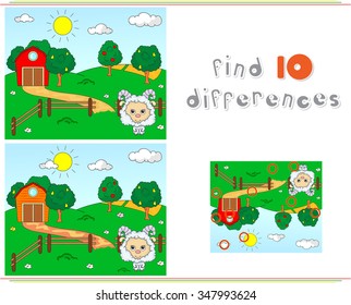 Rural landscape with barn, corrals, fruit trees and sheep. Educational game for kids: find ten differences. Vector illustration