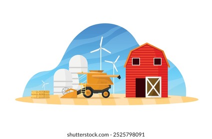 Rural landscape with barn, windmill, combine harvester and farm equipment. Agriculture and farming vector illustration.