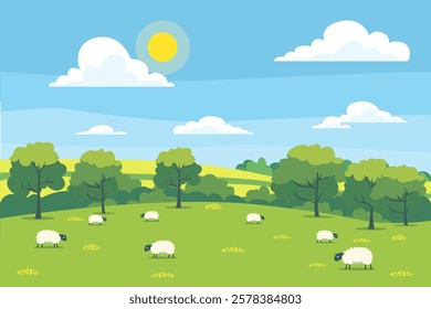 Rural landscape of a beautiful field with cute sheep in the meadow, against the backdrop of forest, hills and blue sky with clouds. Beautiful sunny day on the farm. Sheep on the field.