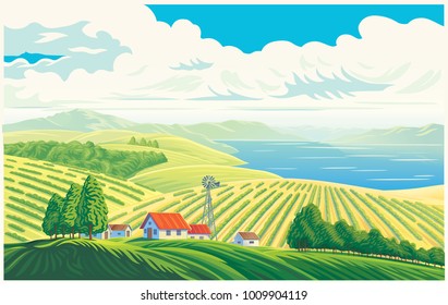 Paisagem rural com uma bela vista de campos distantes e lago ou mar. Ilustração vetorial.