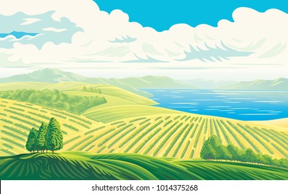 Paisaje rural con hermosas vistas de campos lejanos y lago o mar. Ilustración vectorial.