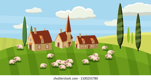Rural landscape with a beautiful view of distant fields and hills. Farm, sheeps. Vector illustration. cartoon style