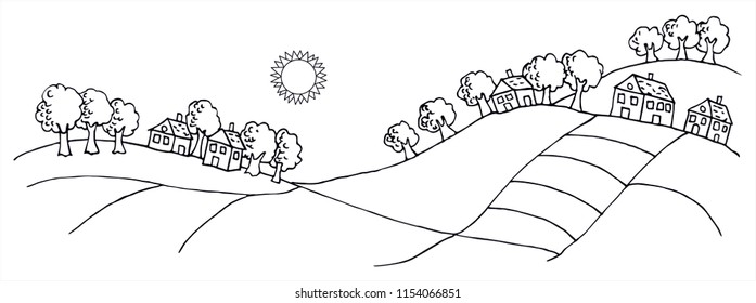 Rural landscape with a beautiful view of distant fields and houses. Black and white Vector illustration for coloring. For gift or card. 