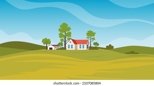 Rural landscape with beautiful view of distant fields and hills. Rustic private house, barn and trees. Vector illustration