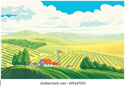 Rural landscape with a beautiful view of distant fields and hills. Vector illustration.