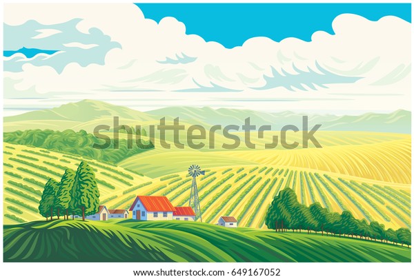 遠くの野原や丘が美しく見える田園風景 ベクターイラスト のベクター画像素材 ロイヤリティフリー
