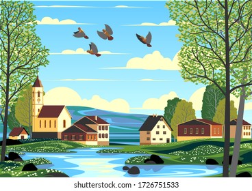 Rural landscape with birds, stream, fields, meadows, village, trees and hills in the background. Handmade drawing vector illustration. Minimalism style poster.