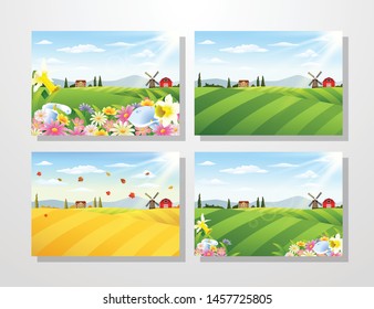 Rural landscape with blooming flowers collections set