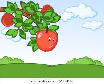 Rural landscape. Branch of a tree with apples. Comics.