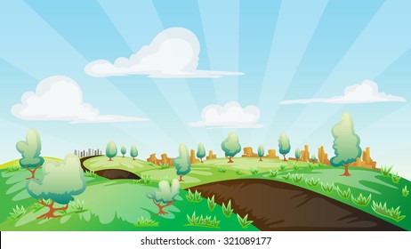 Rural landscape cartoon, with country road, tree, grass, rocky mountain, and building far away under bright blue sky