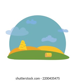 Paisaje rural con nubes y campos. Colinas verdes de verano, prados y campos, granizados, cielo azul con nubes blancas.Ilustración vectorial