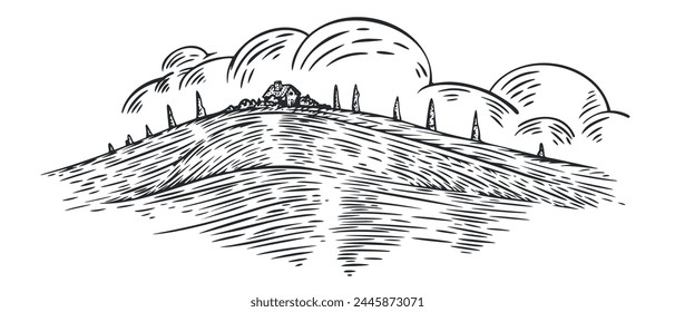 Rural landscape with clouds on sky, panoramic environment in monochrome hand draw sketch style. Vector vintage illustration.