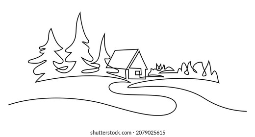 Rural landscape in continuous line art drawing style  Country road going to village house in spruce forest black linear sketch isolated white background  Vector illustration